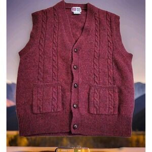 🐑VTG Royal Scott Sweater Vest Men XL Burgandy Cable Knit Shetland Wool Button